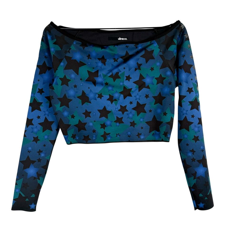 ULTRACOR Blue Off Shoulder Crop Long Sleeve Workout Shirt Top Stars - M